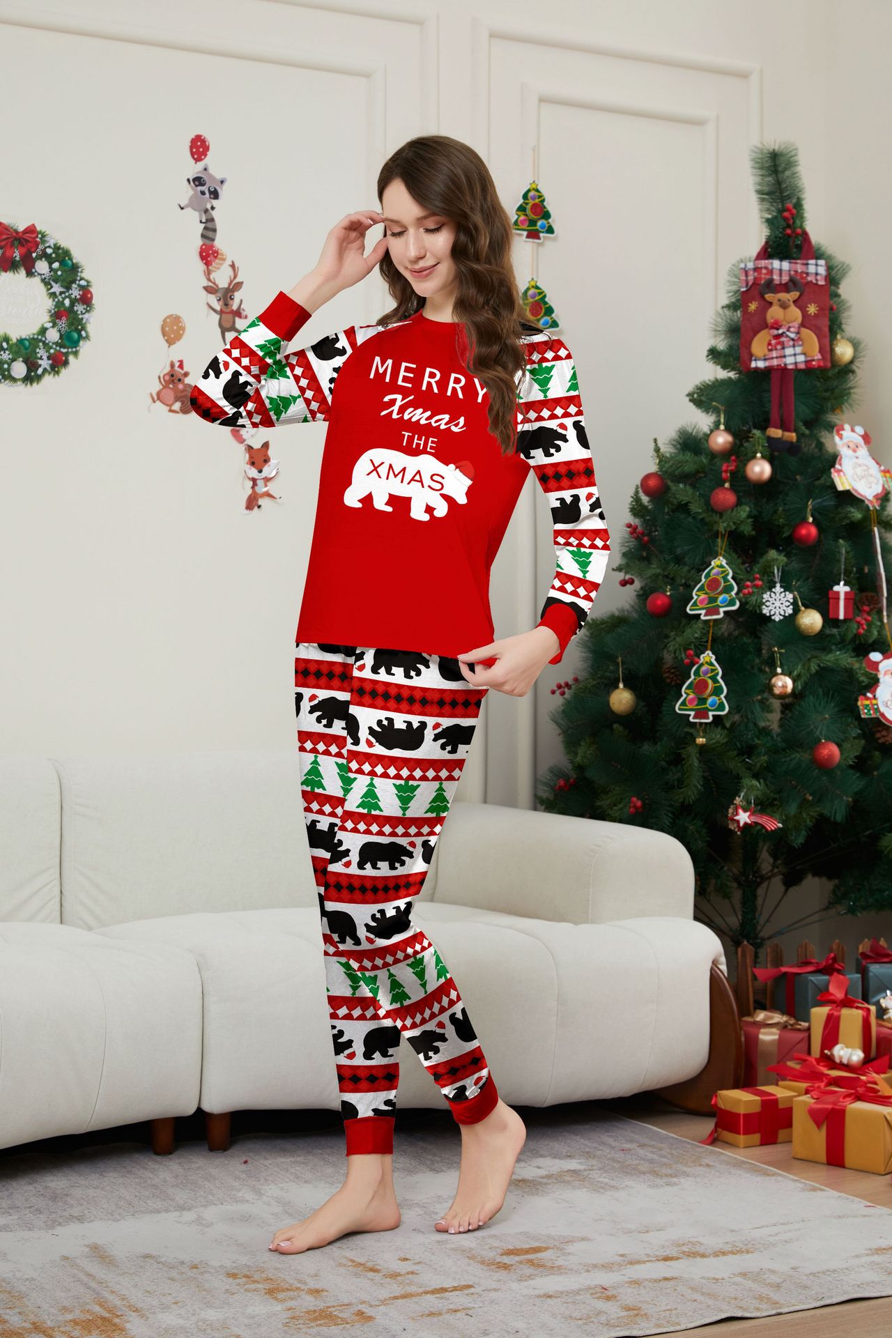 Christmas tree Bear letter stripes Christmas family dress printed home wear_voghion.com