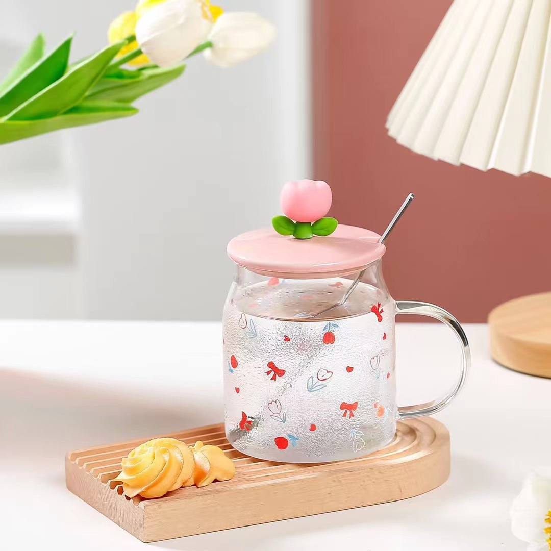 Chica corazón personalidad tulipán vidrio taza de agua con mano regalo Oficina taza de café flor fresca taza