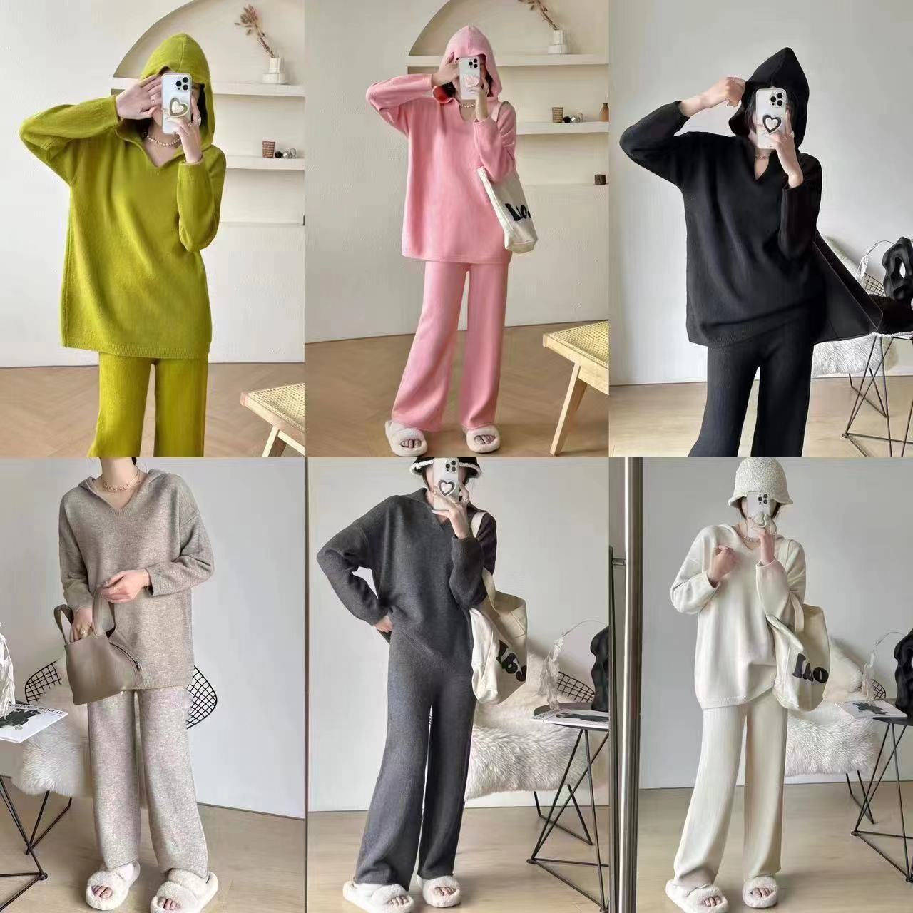 Pantaloni larghi a gamba larga in maglia alla moda casual coreana per le donne autunno e inverno nuovo articolo maglione con cappuccio di colore solido_voghion.com