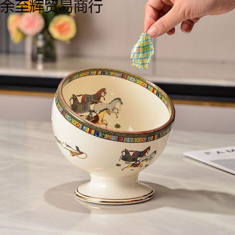 ⭐ Desktop Small Trash Can Style Home Bedroom Living Room Internet Celebrity Mini Cute Table High-Foot Ceramic Storage