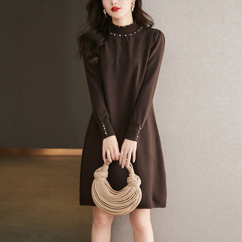 Ear-rimmed Knitted Dress Women's Autumn and Winter Sweater Dress with Overcoat Mid-length Western-style Good-looking Base Shirt
