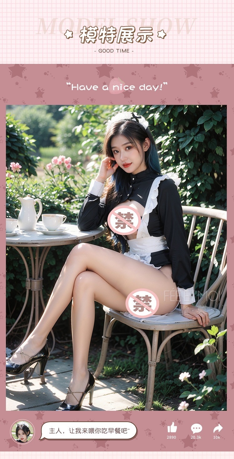 Feimu One-Shoulder Strapless High-Slit Maid Outfit with Apron and Headband — detail image 10