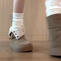 2025冬季厚底外穿加绒雪地靴女皮带扣防滑两穿增高西部靴轻便棉靴