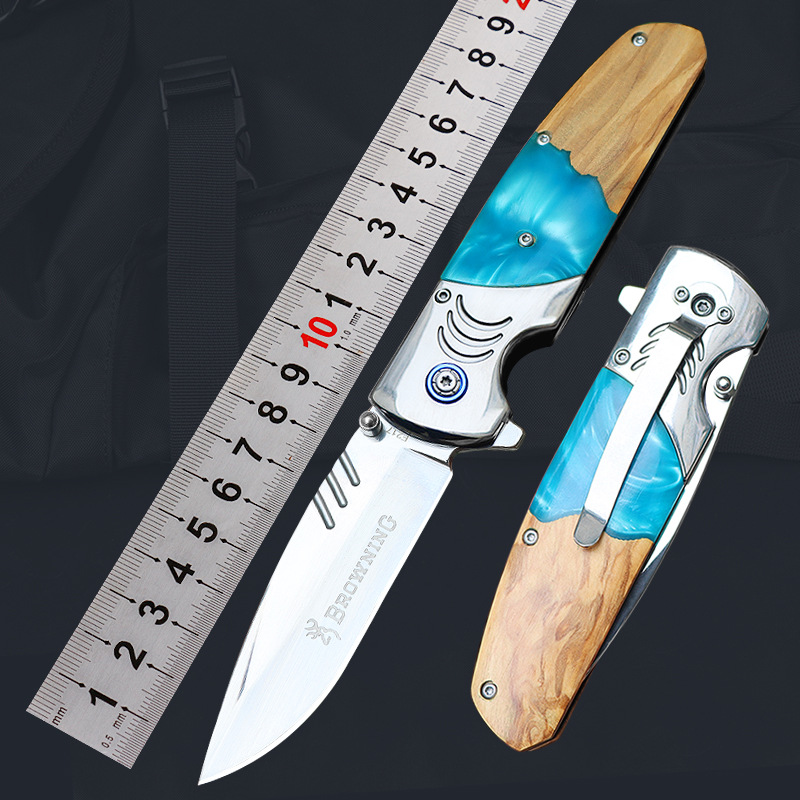 亚马逊专供橄榄木手柄折叠刀户外高硬度折刀荒野多功能锋利小折刀