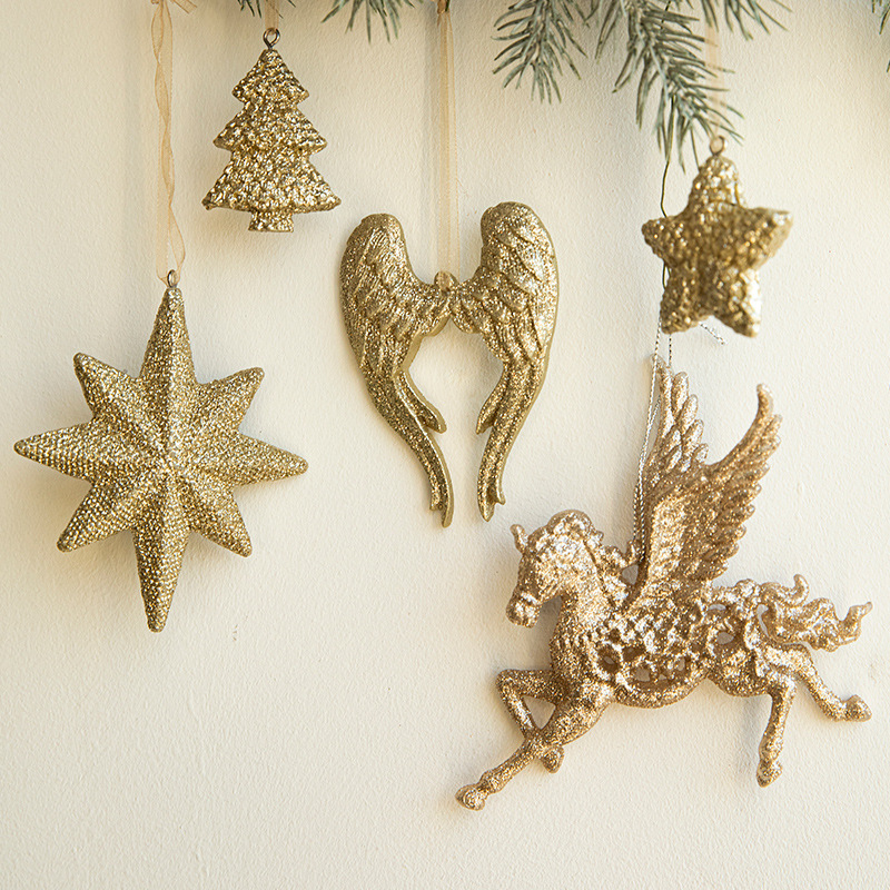 跨境新品聖誕節裝飾品香檳金色樹脂翅膀掛件北歐聖誕樹掛飾吊飾