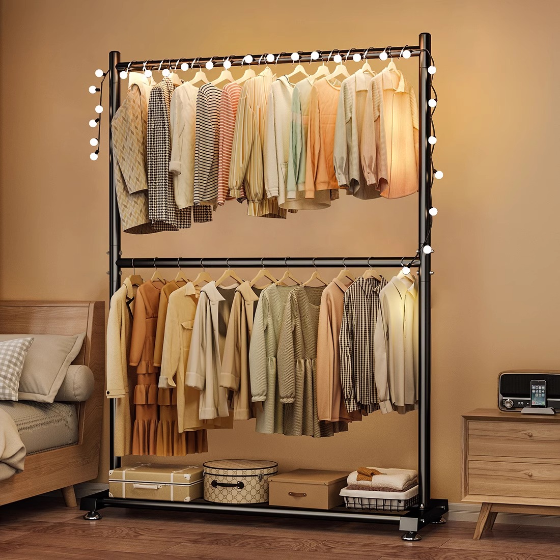 Clothes Rack Floor-Standing Bedroom Simple Coat Rack Clothes Drying Rod Student Dormitory Clothes Rack Household Double-Layer Clothes Rack