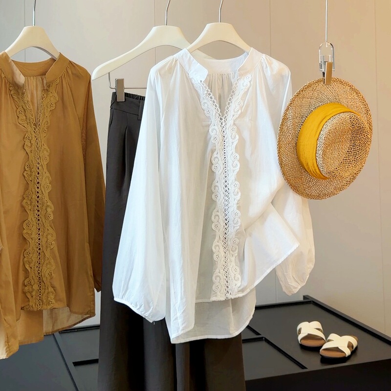 Lantern Sleeve Lace Long Sleeve Cotton Linen Shirt for Women 2026 Summer New Slim Fit Loose Versatile Sun Protection Top Lantern Sleeve Lace Long Sleeve Cotton Linen Shirt for Women 2026 Summer New Slim Fit Loose Versatile Sun Protection Top