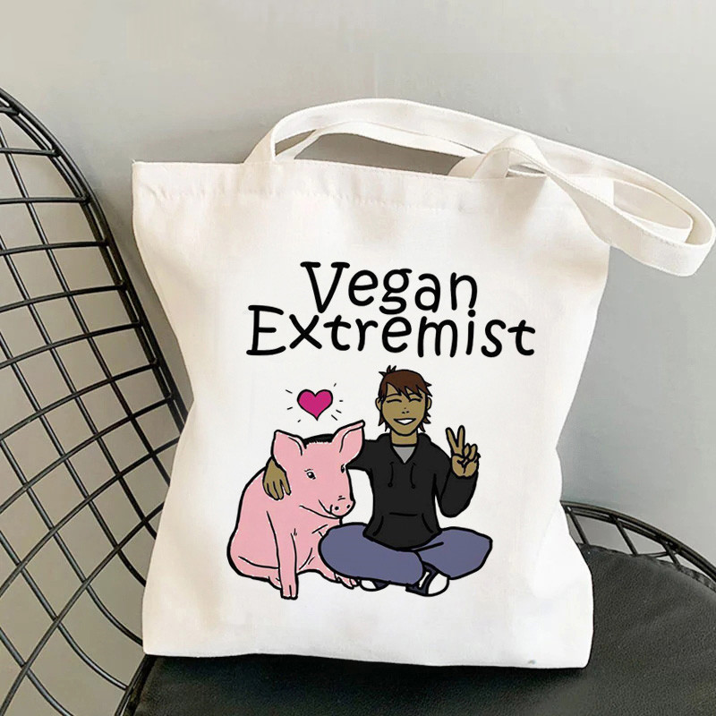 Cross-Border Hot Selling Vegan Vegetarian Printed Canvas Bag Harajuku Shoulder Bag Fashionable Hand Shopping Bag Cross-Border Hot Selling Vegan Vegetarian Printed Canvas Bag Harajuku Shoulder Bag Fashionable Hand Shopping Bag