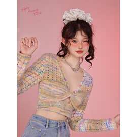 美式彩色v领针织打底衫女春秋内搭修身显瘦辣妹露脐短款紧身上衣