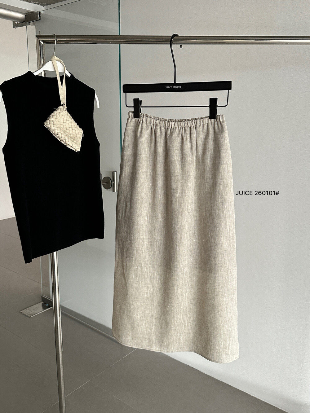 Chân váy linen cạp chun chữ A dáng dài nữ phong cách tối giản — màu đen, Xanh đen, Xanh nước biển, Màu cà phê chi tiết 12