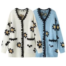 现货2025秋季新款明星同款宽松休闲撞色花朵提花慵懒风针织开衫