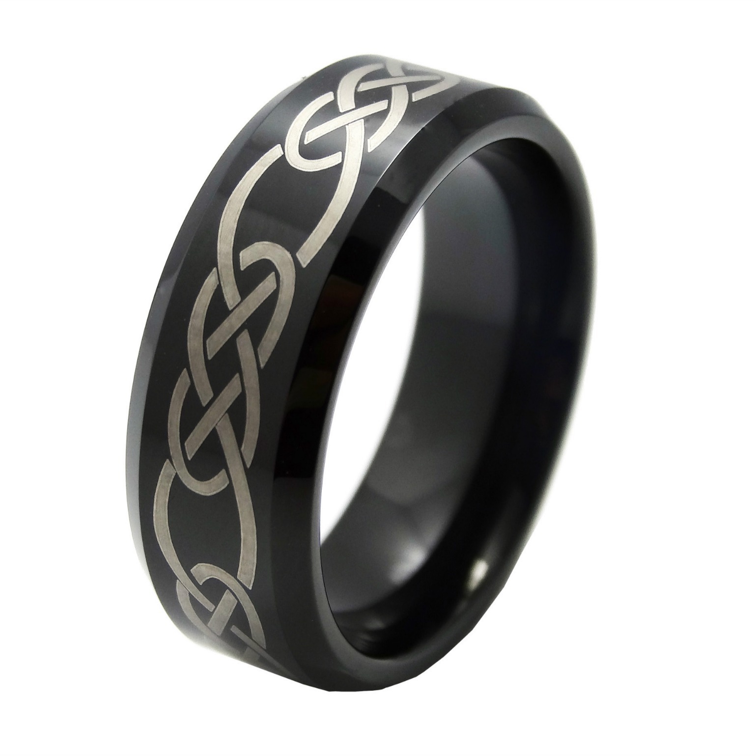 men's Stackable Rings Tungsten Steel Ring With Electro-blackened Beveled Edges And Laser-engraved Interlocking Lock Pattern, Men's Trendy_voghion.com