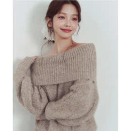 秋日暖栗'氛围感慵懒一字肩马海毛针织厚毛衣上衣