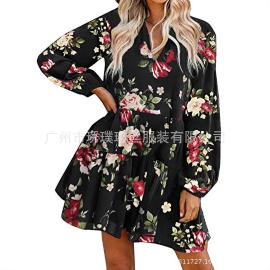 2024 Amazon European and American Foreign Trade Women's Cute Straight Waist Long Sleeve Elegant Mini Pleated Dress Top 2024 Amazon European and American Foreign Trade Women's Cute Straight Waist Long Sleeve Elegant Mini Pleated Dress Top