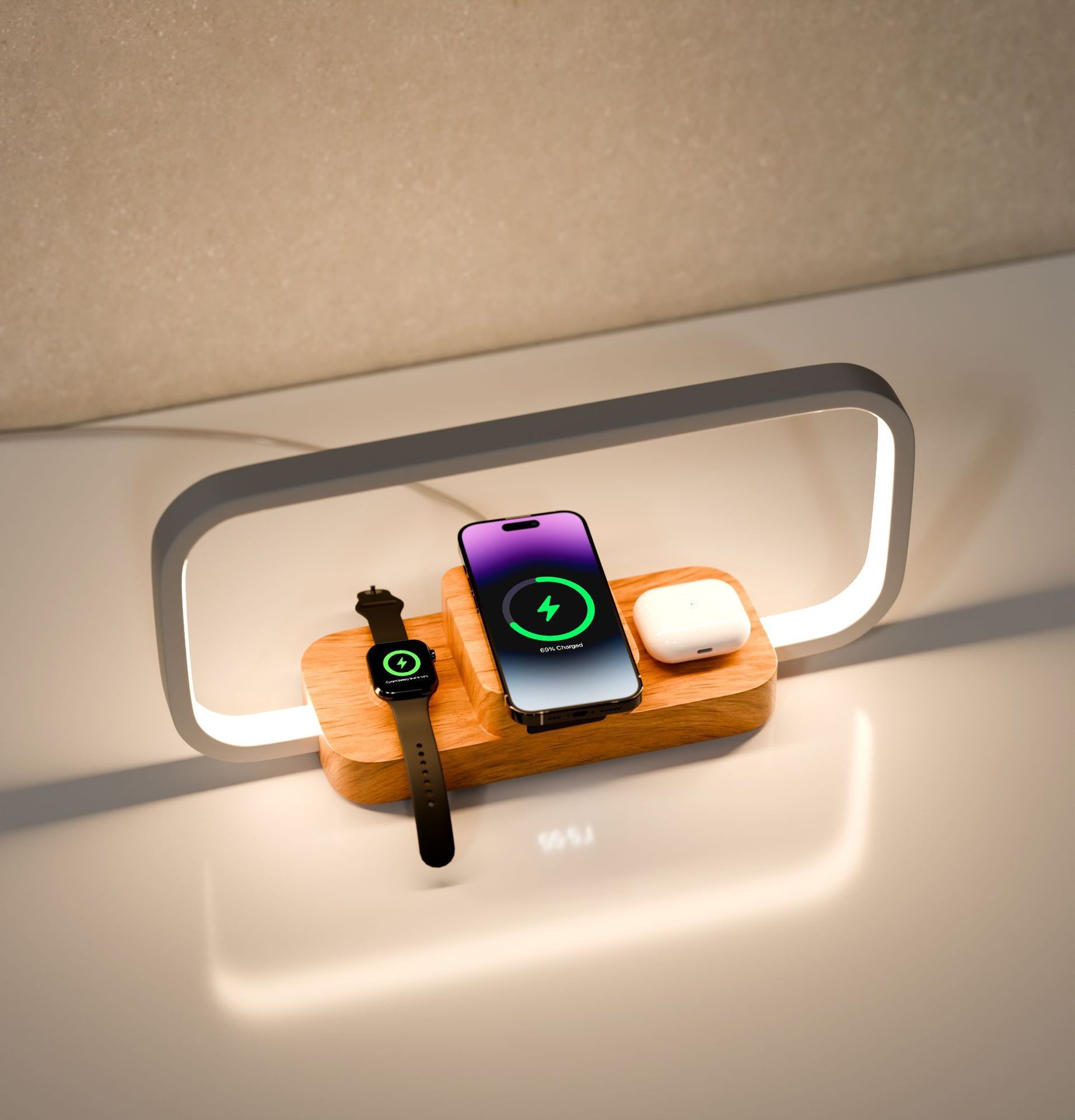Lámpara de Noche Táctil con Carga Inalámbrica Rápida de 10W, Reloj de Madera Maciza, Lámpara de Mesa de Noche para Dormitorio, Carga Rápida, Venta Caliente Transfronteriza, Suministro Directo