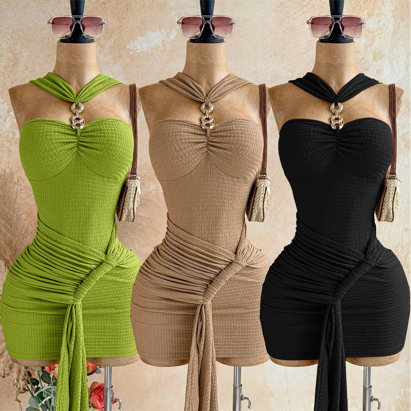 ZY6515 Y2K sexy dress with textured fabric and metal accessories, slim fit, hourglass figure, short skirt for women ZY6515 Y2K sexy dress with textured fabric and metal accessories, slim fit, hourglass figure, short skirt for women
