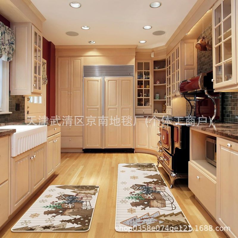 亚马逊跨境圣诞树卡车水晶绒厨房垫两件套防滑耐脏入户玄关地垫|undefined
