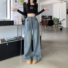 松紧抽绳宽松阔腿牛仔裤女秋季2025新款百搭休闲高腰显瘦拖地长裤