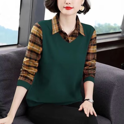Fake two-piece long-sleeved T-shirt women's bottoming shirt patchwork top mother's wear versatile plaid shirt