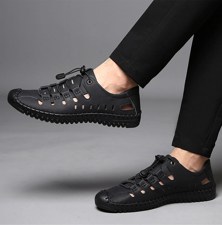 Dép sandal nam quai ngang da bò thật đế mềm thoáng khí kiểu lỗ rỗng — Màu Kaki, Màu nâu vàng, Màu đen chi tiết 17