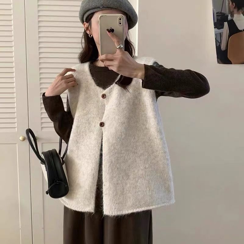 韩系圆领简约两粒扣针织马甲开衫女2025早春新款宽松百搭毛衣背心|undefined