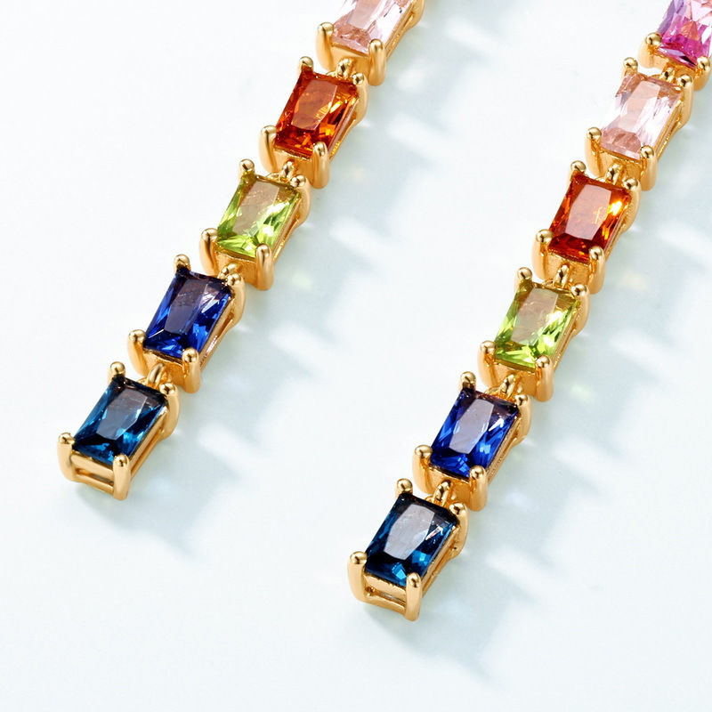 Pendientes de circonita de arco iris largos transfronterizos nuevos Pendientes de lujo ligero de circonio multicolor con incrustaciones de plata S925 simple y elegante
