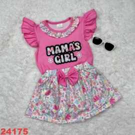 欧美精品店童装外贸批发玫红色花朵mama'sgirl蝴蝶结夏季半身裙套