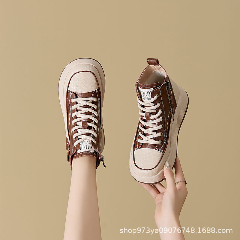 Otoño nuevo cuero casual zapatos individuales para mujeres 2024 pequeño aumento de altura de suela gruesa con cremallera lateral delgada zapatos 550