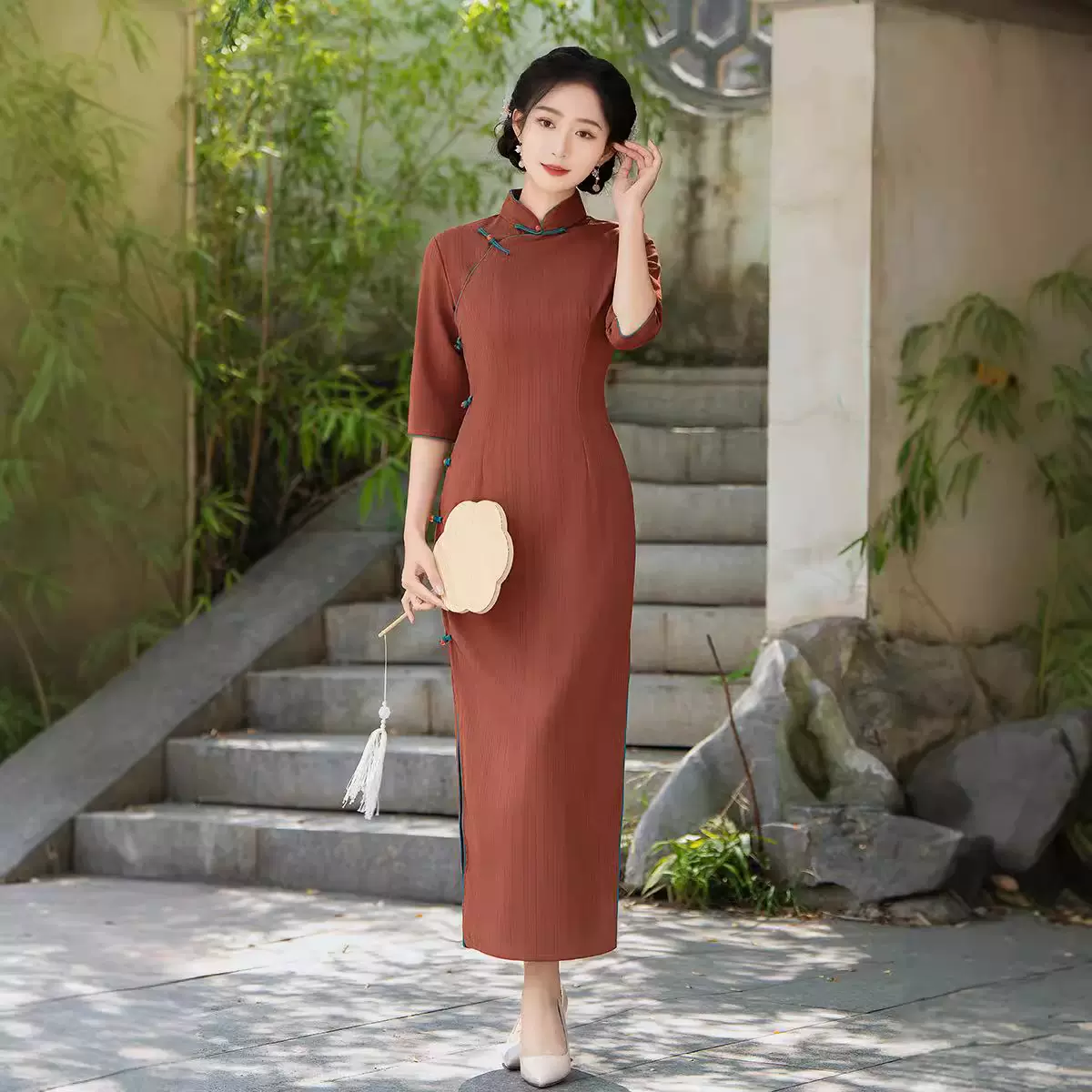 2025春季新款国风优雅舒适透气砖红色直条7分袖改良款全开襟旗袍