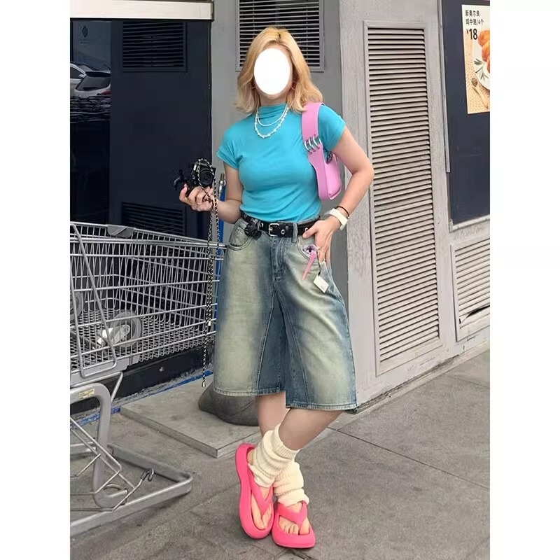 Pear-Shaped Figure High-Waisted Denim Shorts Plus Size Women's Summer New Slimming Wide-Leg Knee-Length Shorts