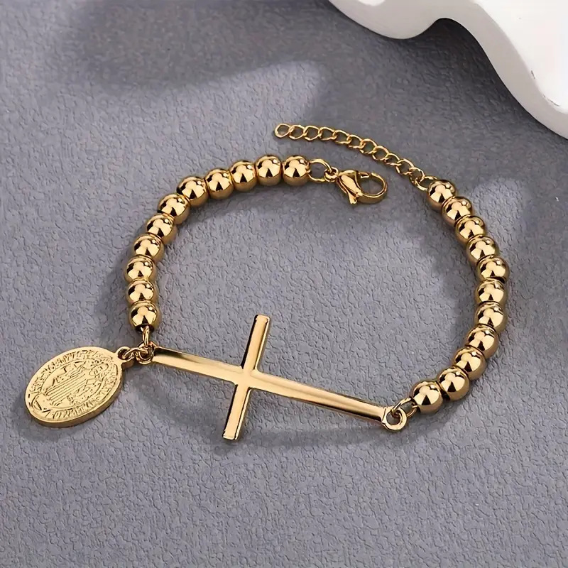 304 Stainless Steel Pendant Material Vintage Style Classic Style Cross 304 Stainless Steel Beaded Chain Bracelets In Bulk