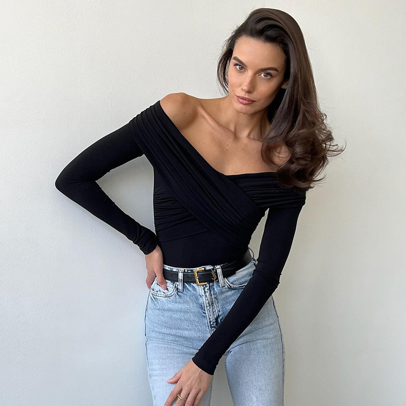 Wrinkled Cross Fitting Long Sleeves Women T-shirt Solid Patchwork Pullover Top Female Fashion Elegant T-shirt Spring 2025