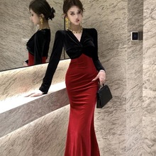 秋冬季新款交叉丝金丝绒拼接撞色连衣裙晚礼服气质法式连衣裙