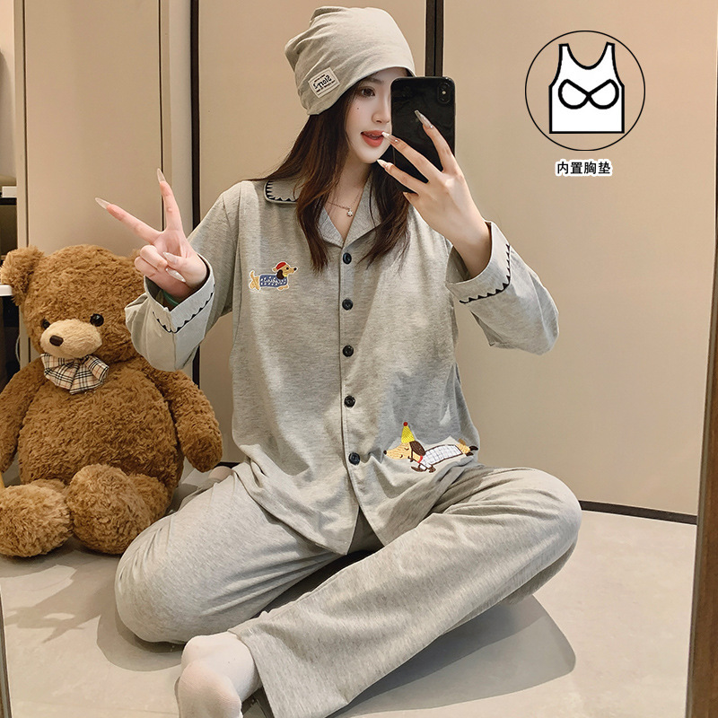 Xiyue's New 7A Antibacterial Cotton Maternity Wear with Breast Pads + Hat, Spring and Autumn Maternity Nursing Pajamas Set