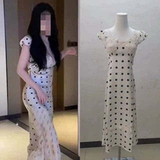 现货虞书欣同款缎面蕾丝拼接波点连衣裙女春装高级感气质度假长裙
