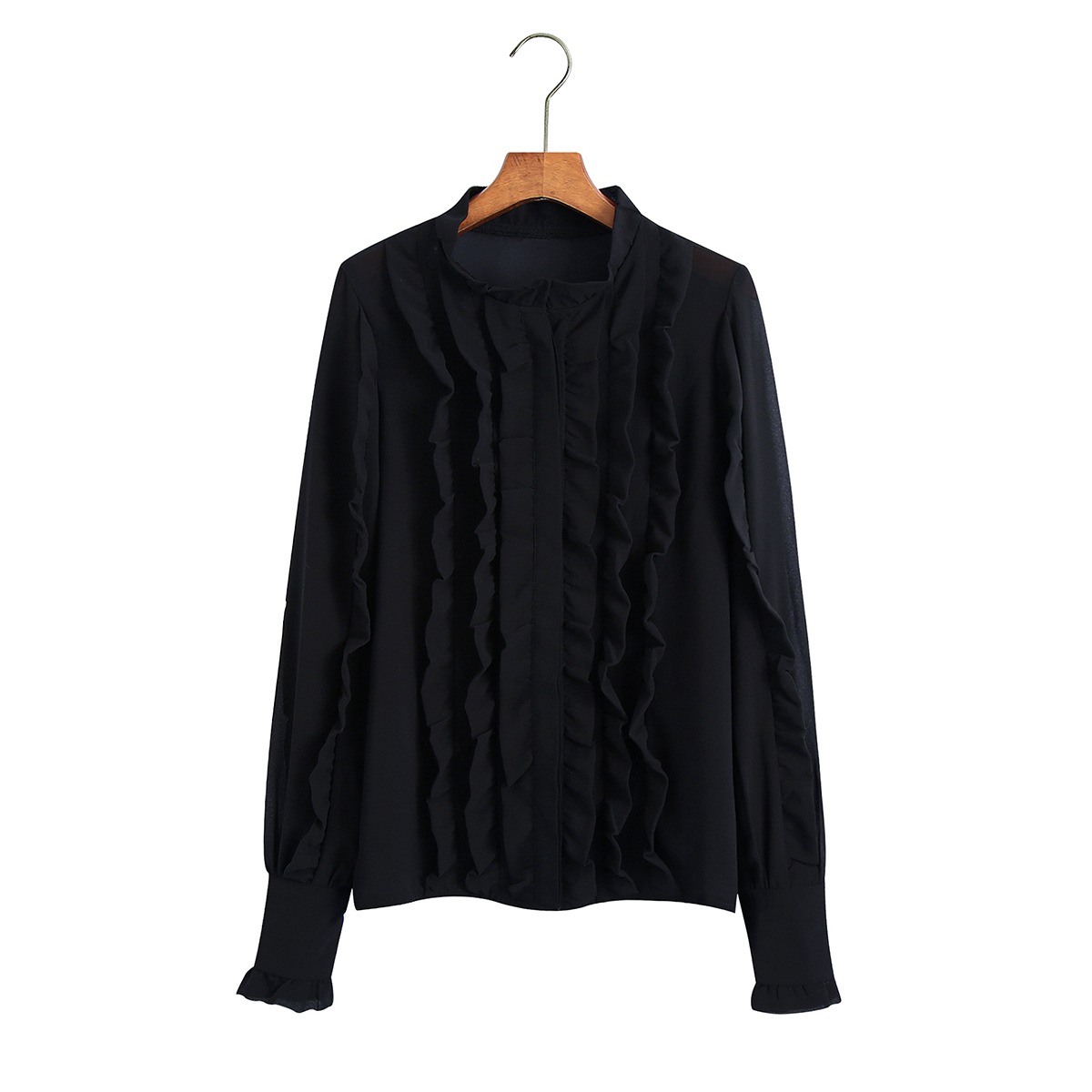 Black Long-Sleeved Pleated Ruffled Shirt NSXFL101851