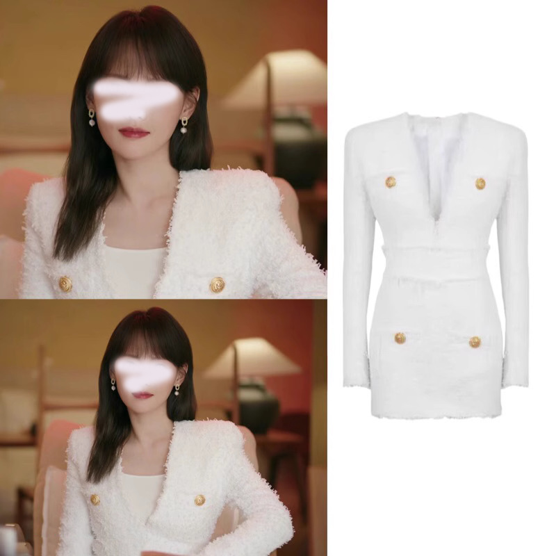 [In stock] same style socialite light luxury Chanel style tweed V-neck waist slimming dress design sense foreign