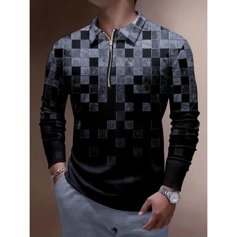 2024 venta caliente geométrico metal sensación cuadrado estampado 3D hombres primavera y otoño manga larga suelta transpirable cremallera POLO camisa