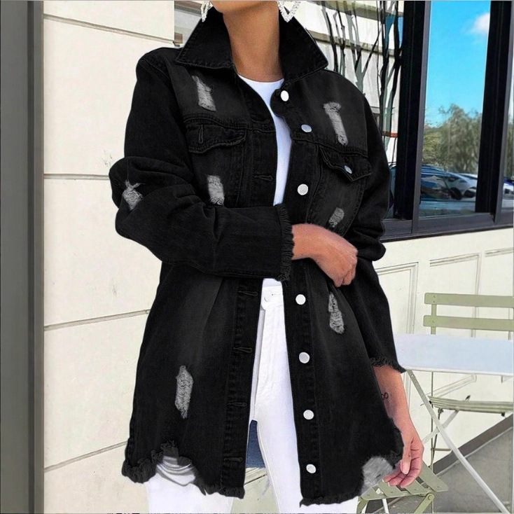 Atc70371 European and American Amazon Aliexpress Women's Spring & Fall Jeans Long-Sleeved Jacket with Frayed Design