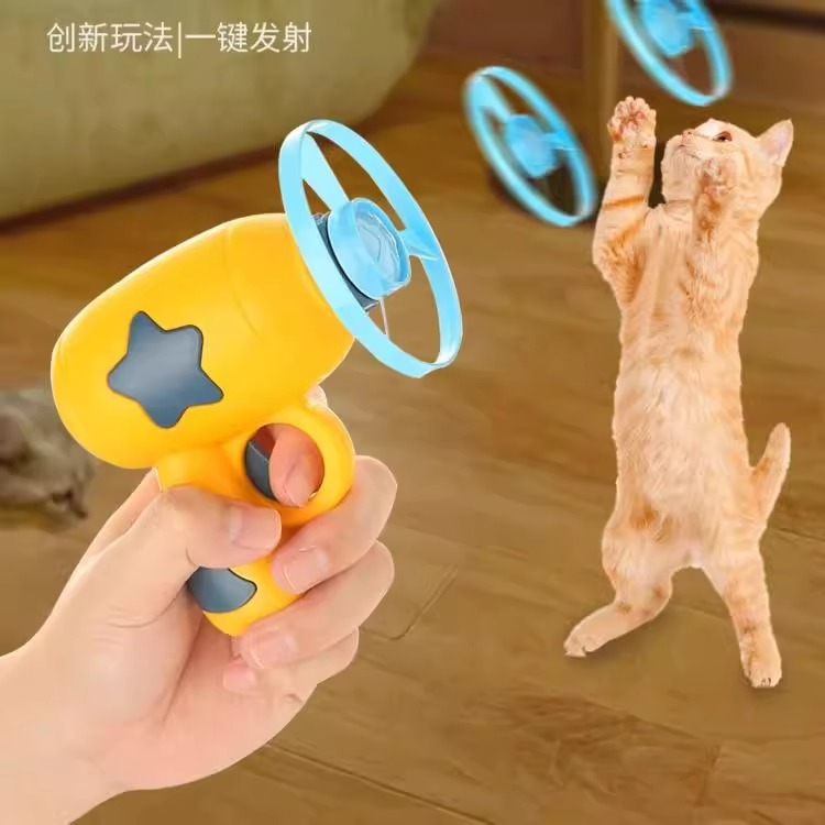 Juguete de lanzamiento de disco volador colorido Pistola de libélula de bambú Lanzamiento de un botón Juguete para gatos Juguete para mascotas para perros