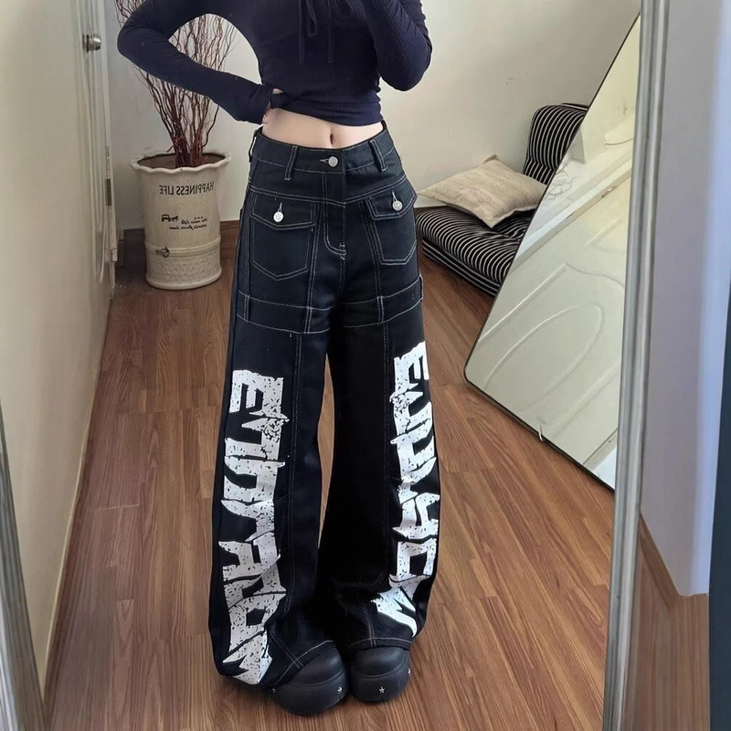 Cross-Border Fashion 2025 Autumn New American Street Fashion High Street Coated Letter Print High Street Jeans Long Pants