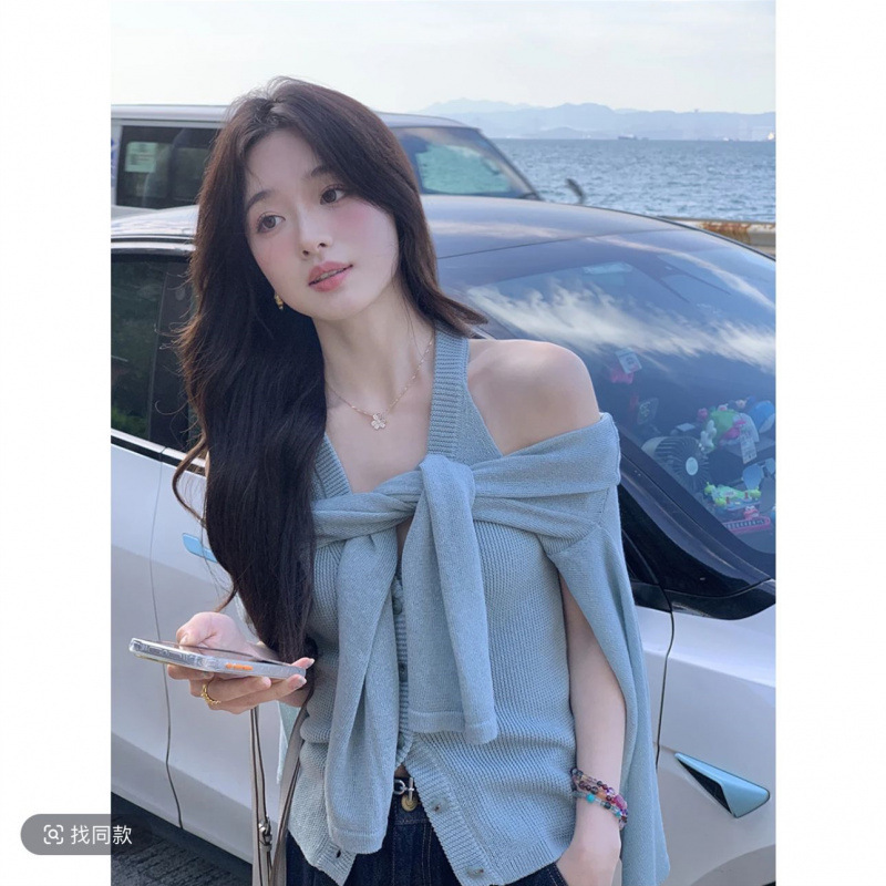 2025 New Summer Style Free Collar Drop Shoulder Sleeve Cardigan/V-Neck Vest Women's Slim Knitted Knitwear Two-Piece Set