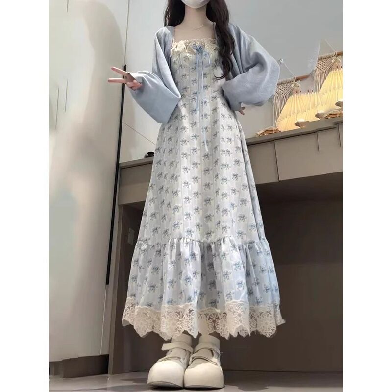 甜美温柔风蕾丝花边拼接碎花连衣裙女夏季2025新款防晒披肩两件套|undefined