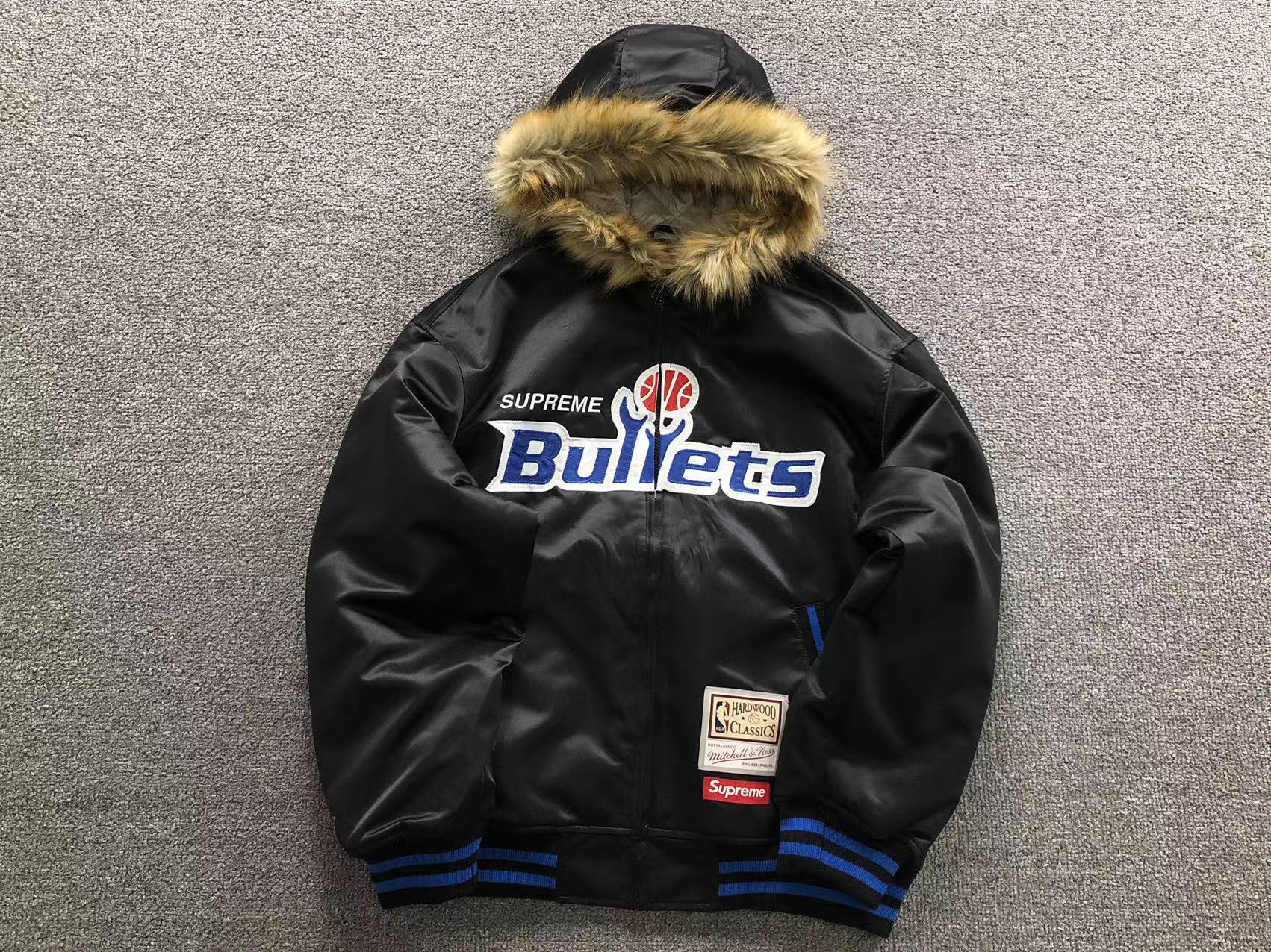 Supreme Mitchell & Ness Washington Bullets Teams Hooded Satin Varsity Jacket Black