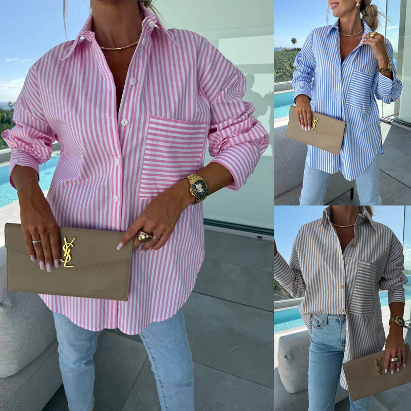 2025 Amazon Aliexpress New Autum Fashion Casual Button Stripesd Printed Long-Sleeved Shirt for Women 2025 Amazon Aliexpress New Autum Fashion Casual Button Stripesd Printed Long-Sleeved Shirt for Women