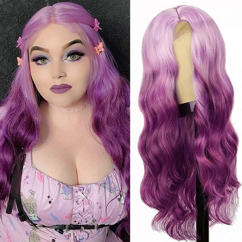 European and American stage play Halloween cos wig female gradient purple big wave long curly wig factory wholesale