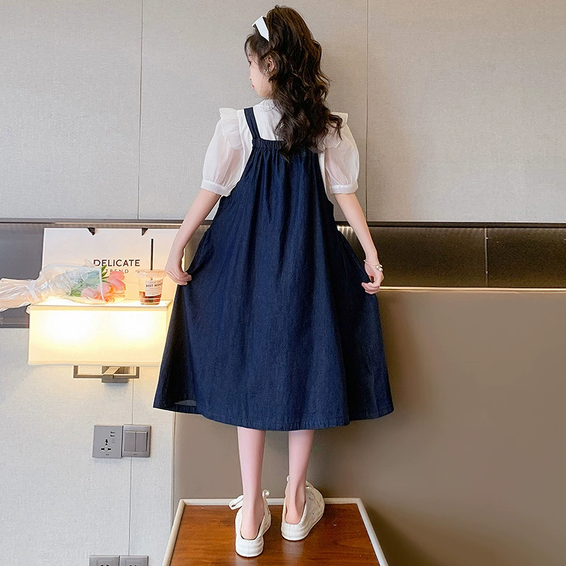 Summer children's set, thin shiffon denim summer dress for leisure for princess, for teenagers