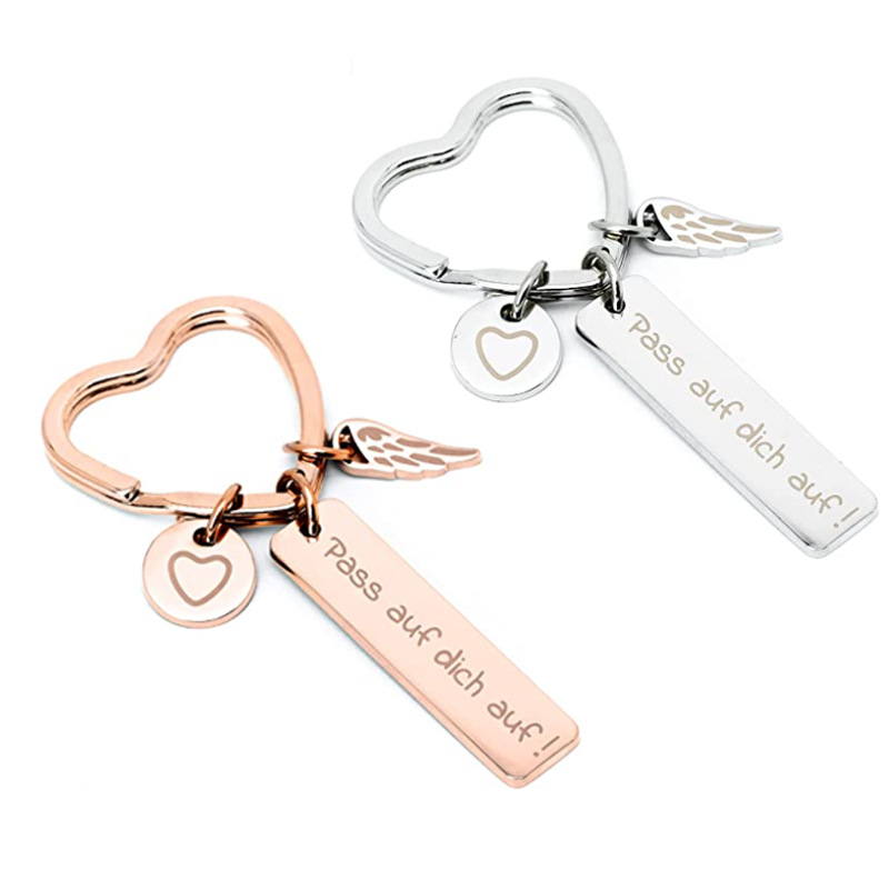 Pasar auf dich auf amor corazón acero inoxidable llavero rosa oro acero color alemán llave de acero inoxidable