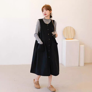 Autumn and Winter Pregnant Women's Vest Skirt Japanese Artistic Sleeveless Pregnant Women's dress Loose plus size Long Casual Pregnant Women's Skirt