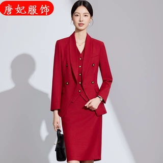 红色长袖小西装外套女马甲裤子三件套装秋冬季新款职业时尚高级感